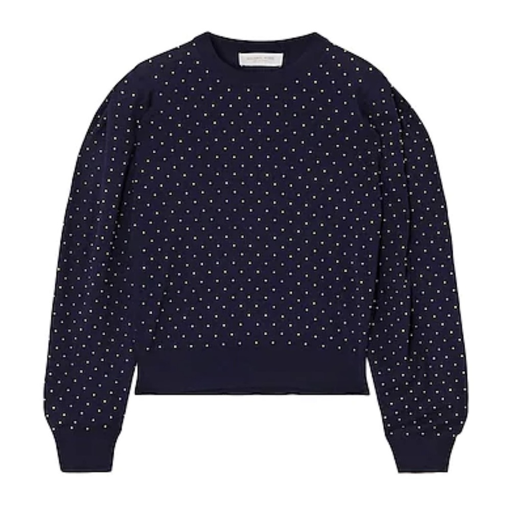NWT Michael Kors Collection Sweater 100% Merino Wool Midnight Blue Metal Polka L - Picture 10 of 11